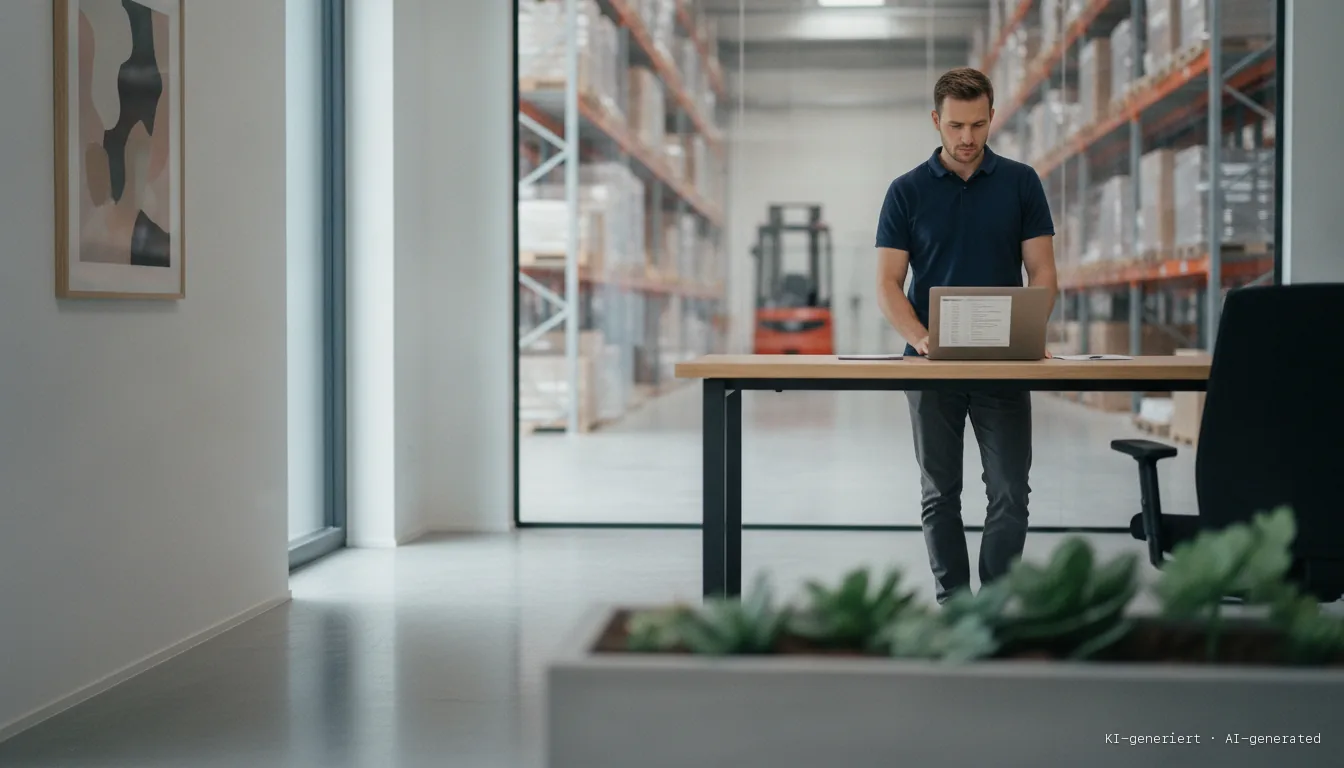 Operations manager reviewing a task list on a laptop in a logistics office, warehouse behind