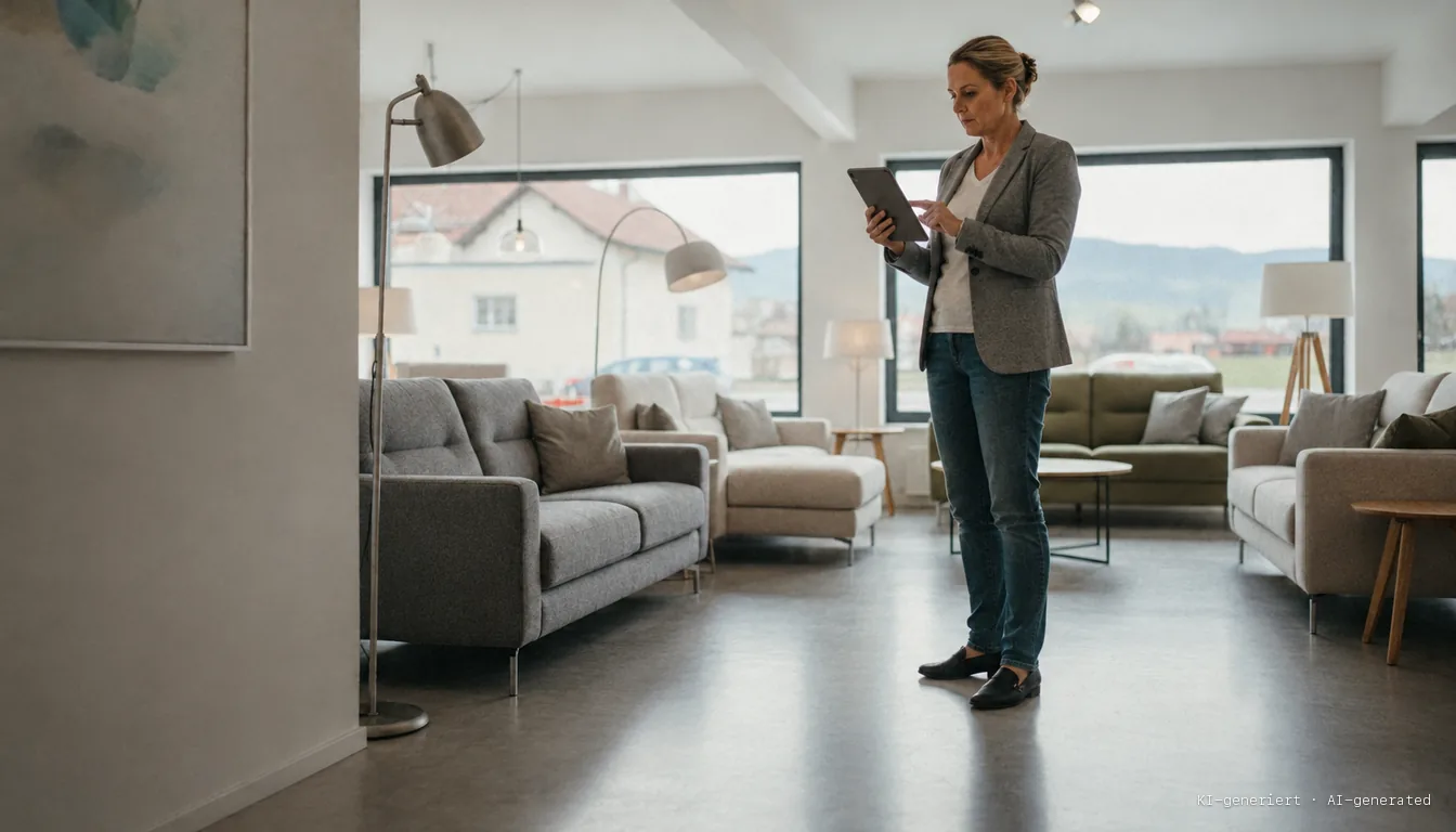 Furniture store owner planning a campaign on a tablet between sofas