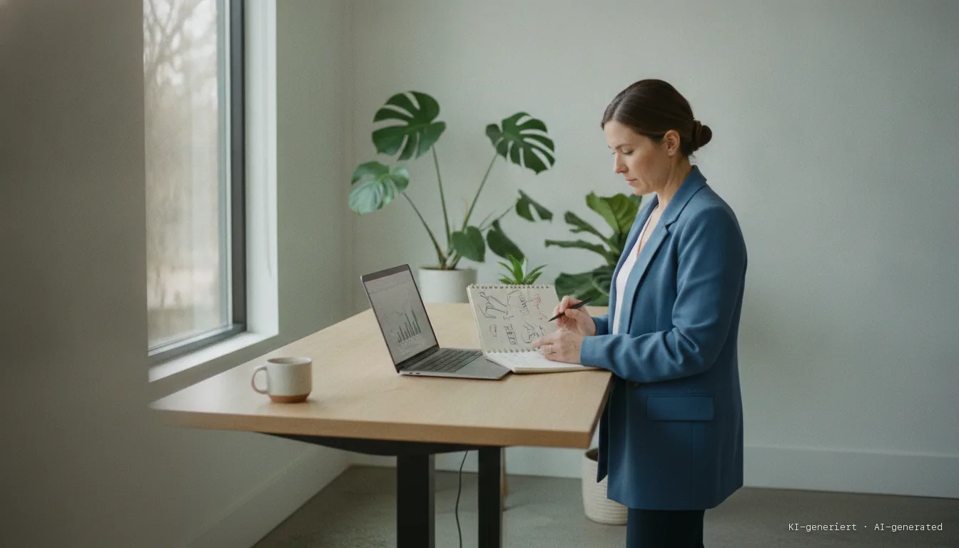 Marketing manager comparing notes with her laptop at a standing desk