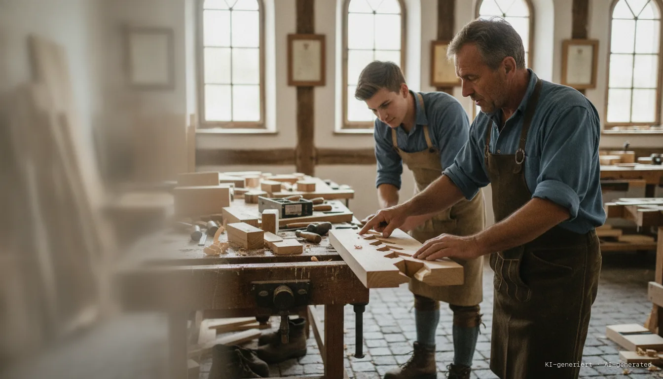 Master carpenter explaining a wood joint to an apprentice at the workbench