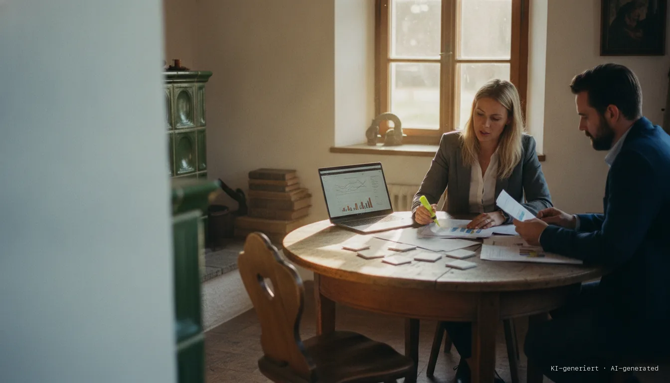 Two consultants comparing printed documents at a round table