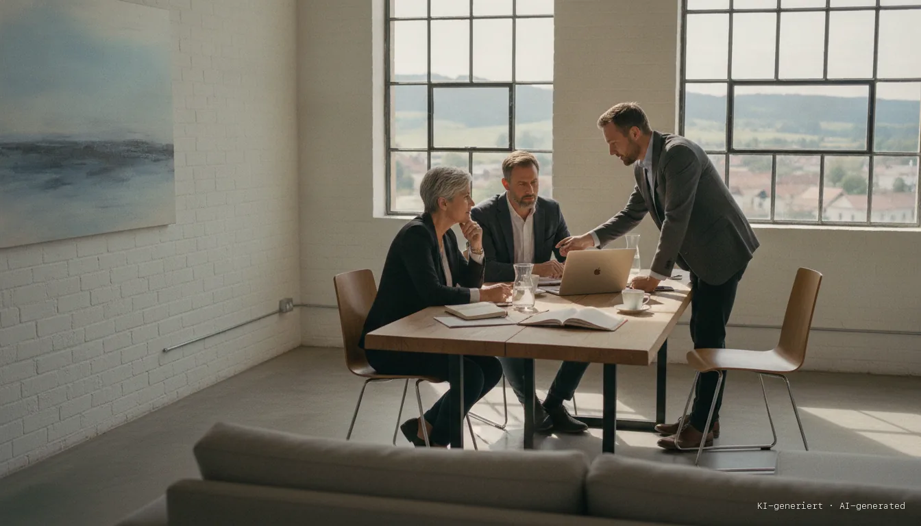Consultant explaining something on a laptop to two business owners in a loft office