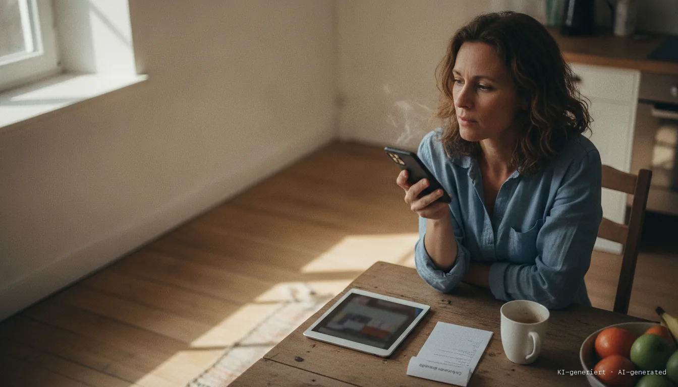 Woman at a kitchen table asking her smartphone a question by voice