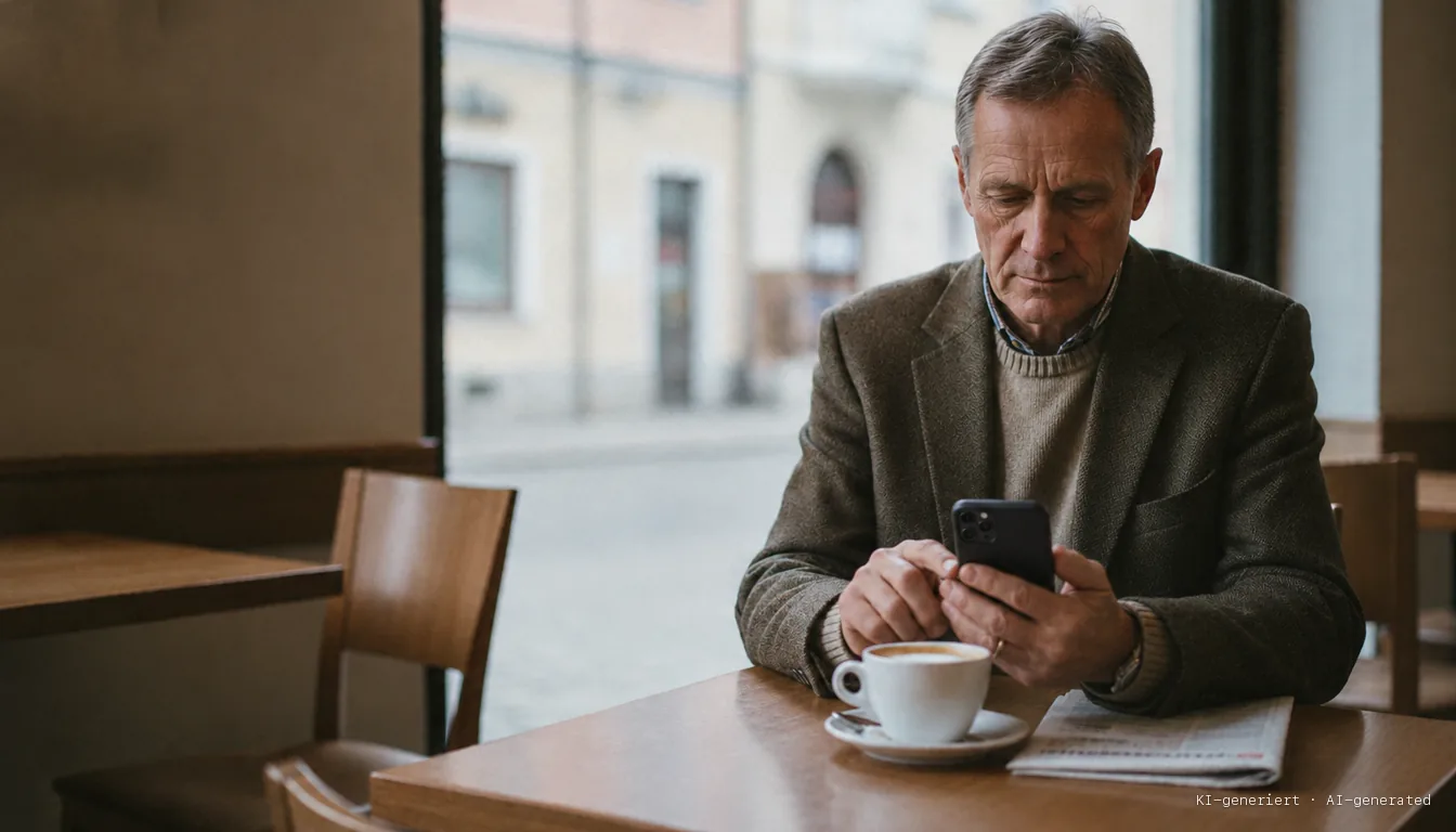 Man reading search results on his smartphone in a café