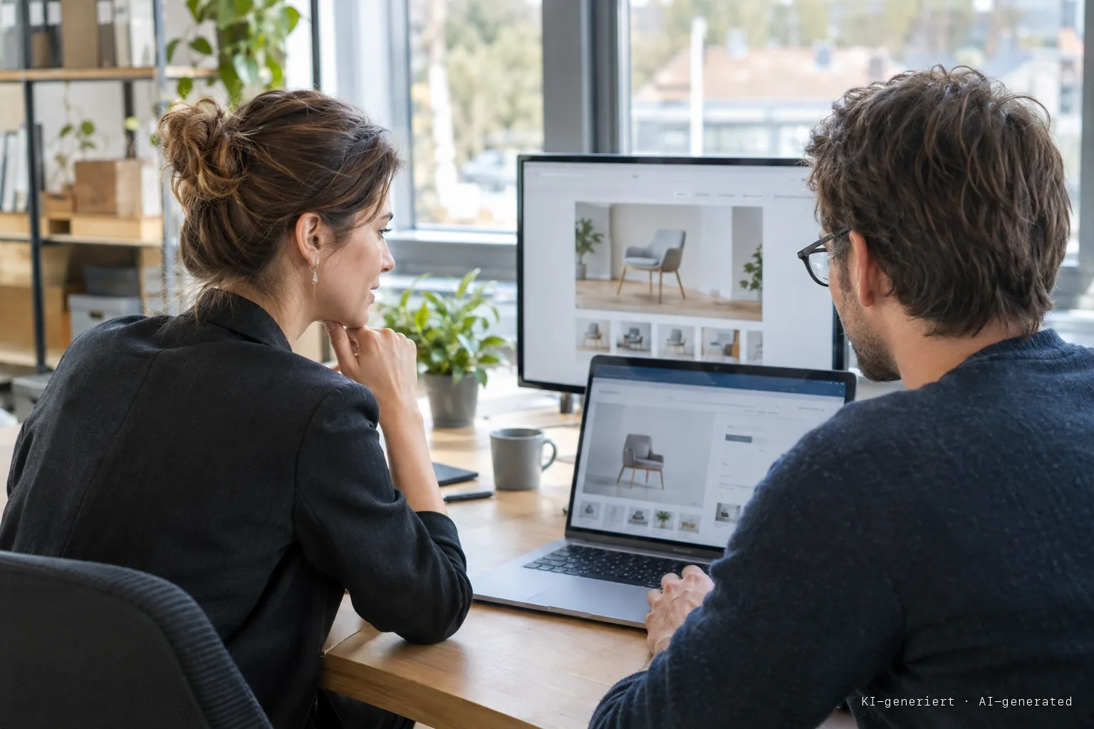Marketingleiterin und Webentwickler eines mittelständischen Betriebs prüfen gemeinsam am Bildschirm, ob eine neue Produktseite bei Google indexiert ist