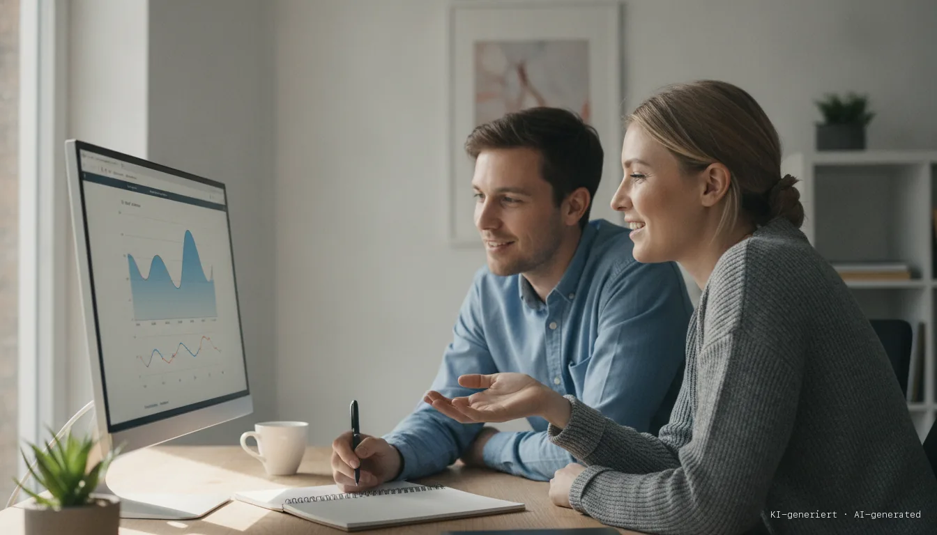 Two colleagues reviewing their website visitor statistics together on a monitor, a notepad beside them