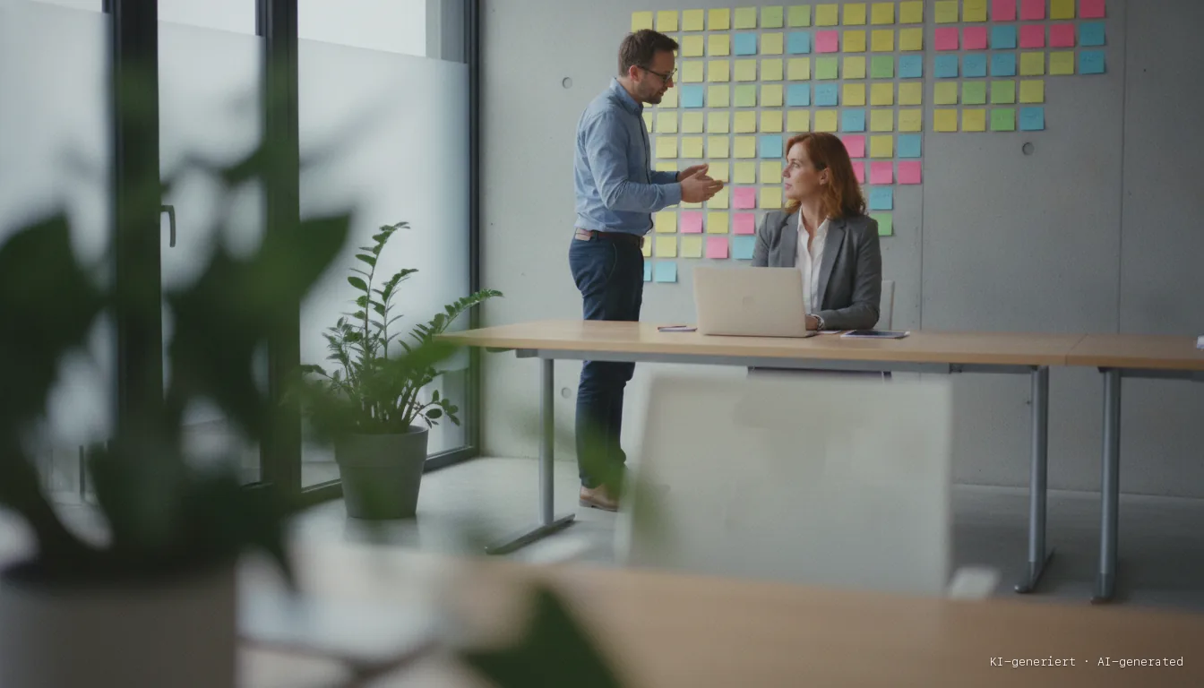 Team lead at her laptop while a colleague points at sticky notes on the wall