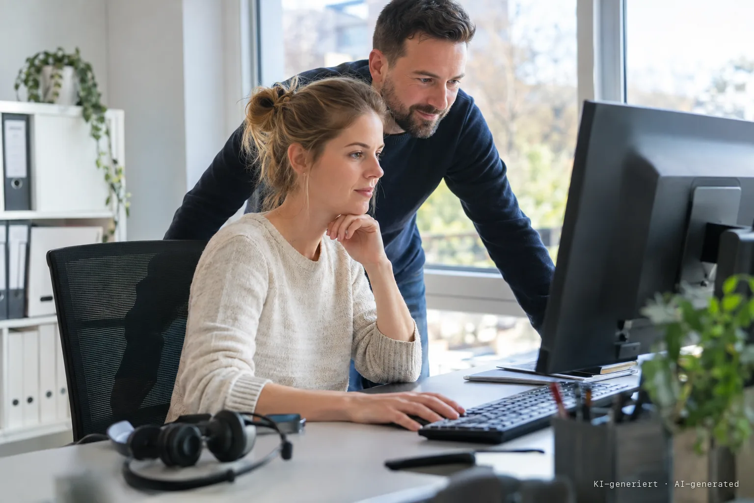Customer service employee at a mid-sized company reviewing a prepared reply draft on screen while a colleague looks over her shoulder