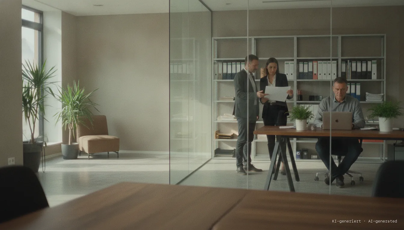Managing director at a laptop while two colleagues discuss a printout