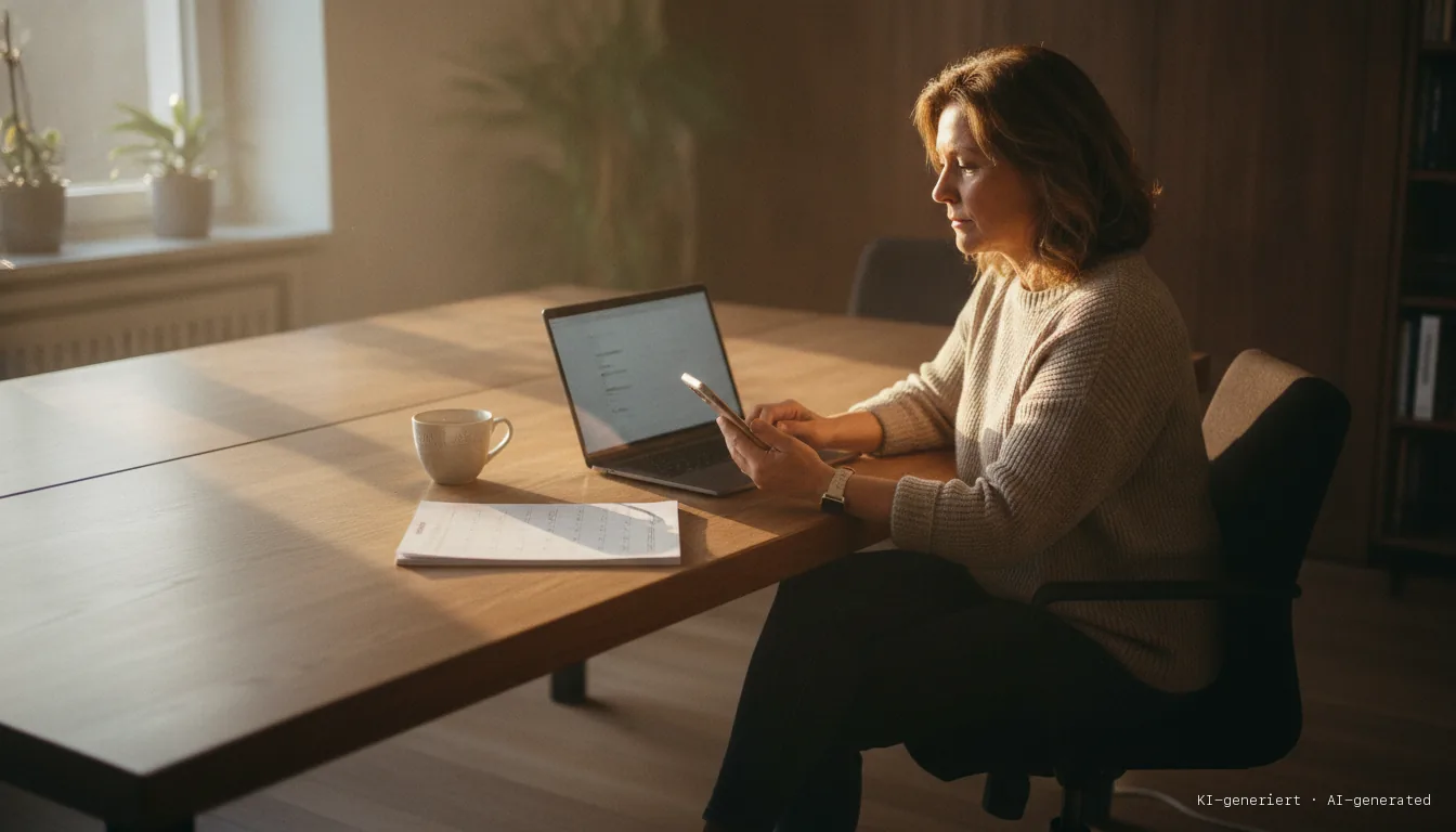 Office manager starting the day at a laptop with calendar and smartphone