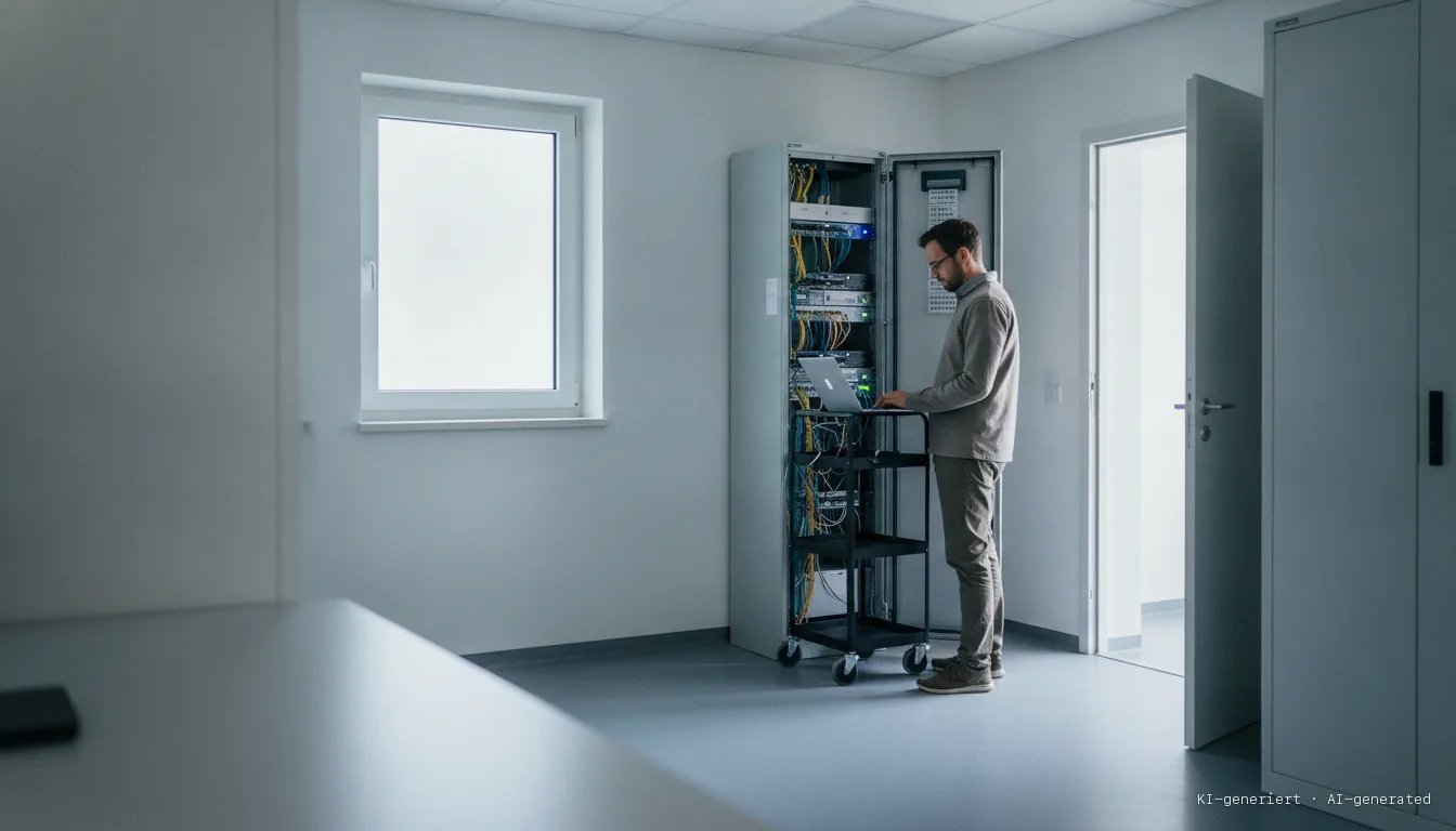 IT administrator checking a laptop at an open network cabinet