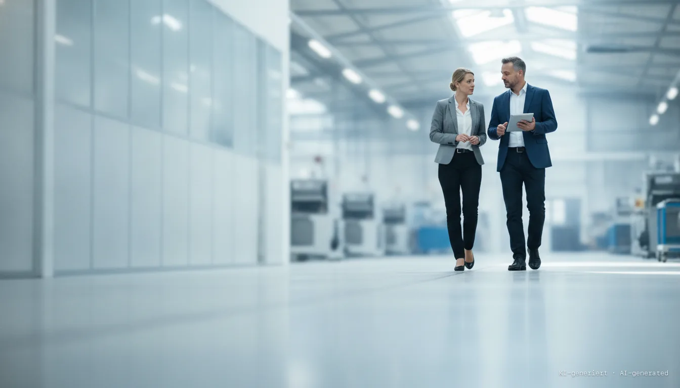 Two managers walking through a production hall with a tablet
