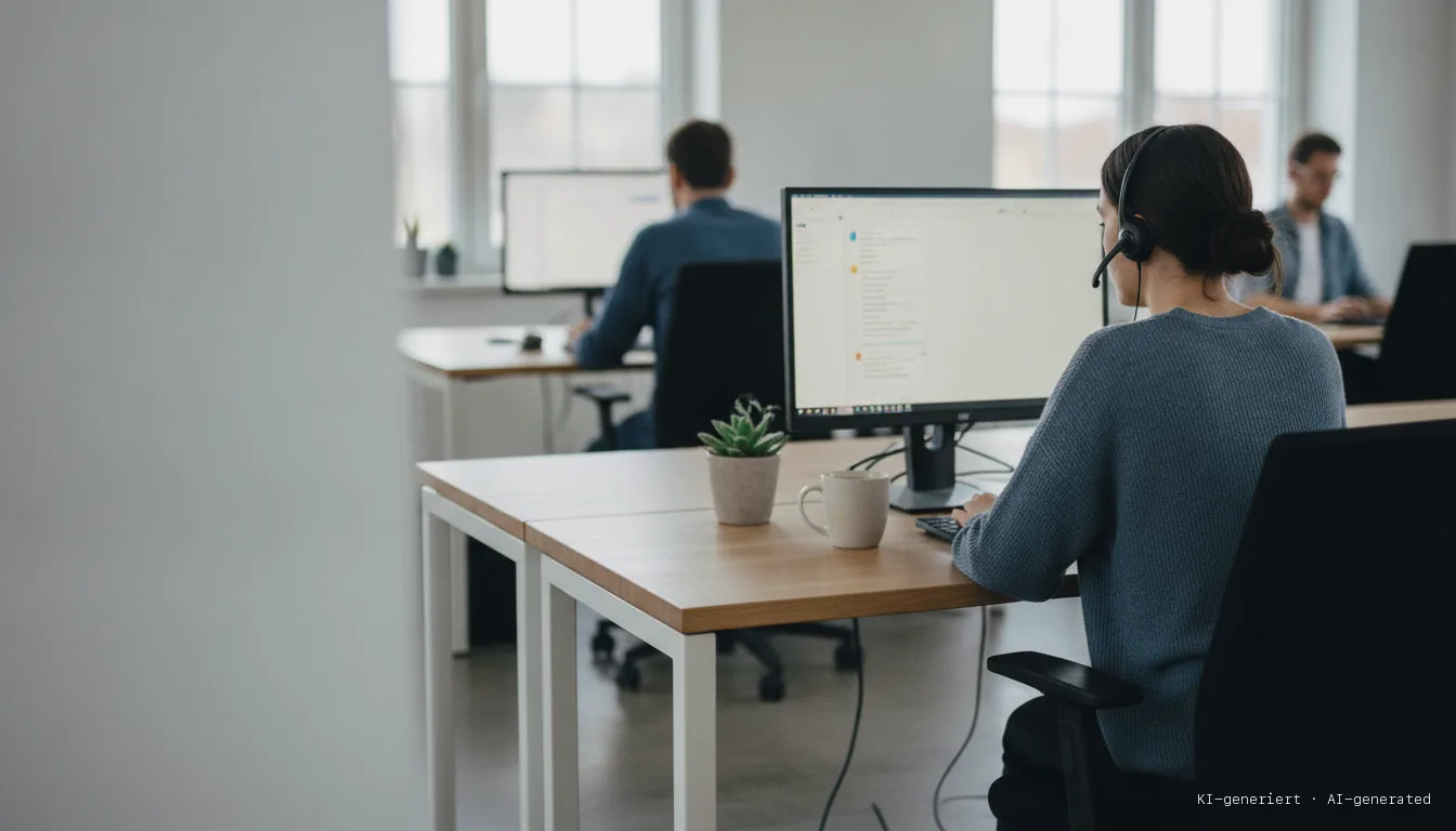 Customer service employee with headset following a chat on screen