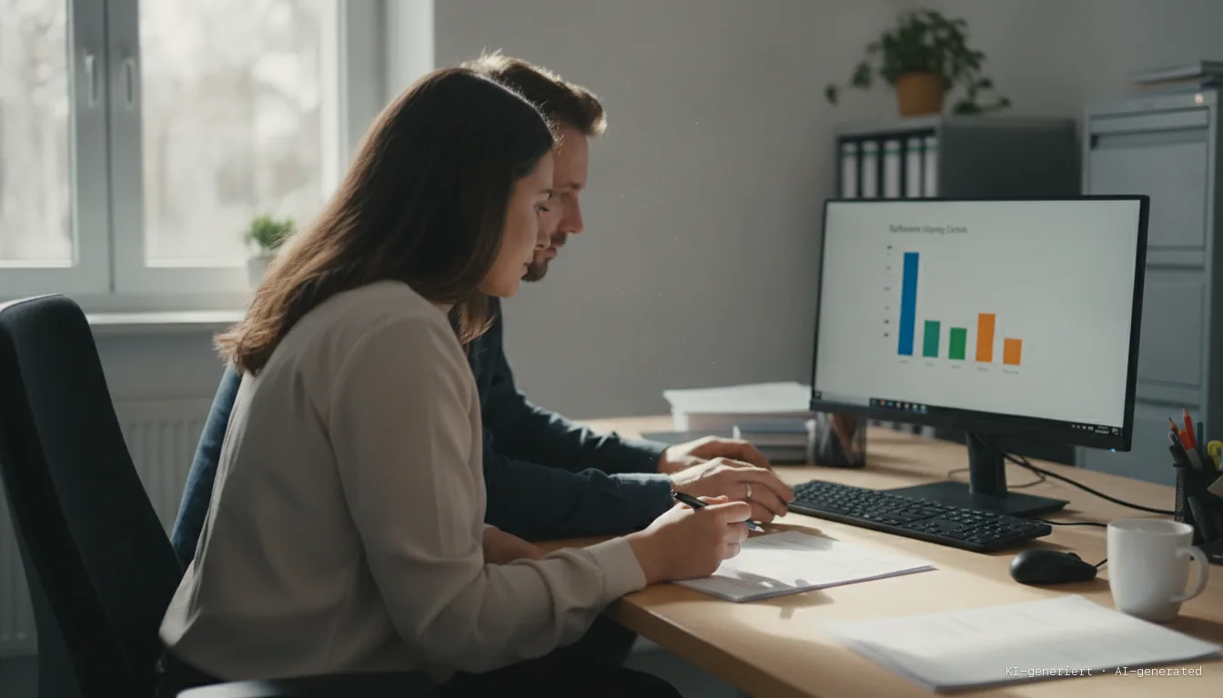 Two colleagues at a desk comparing software usage costs on a monitor