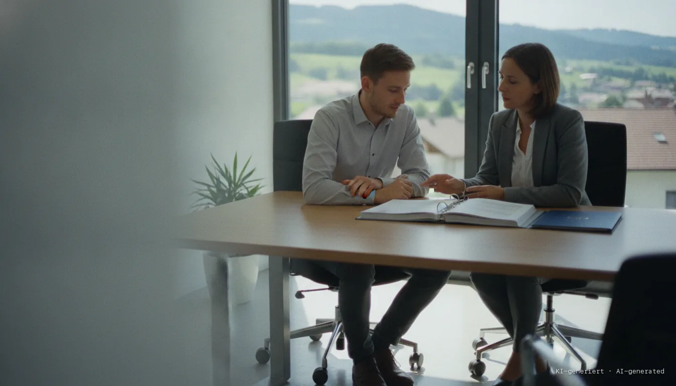 HR manager and employee reviewing training documents at a meeting table