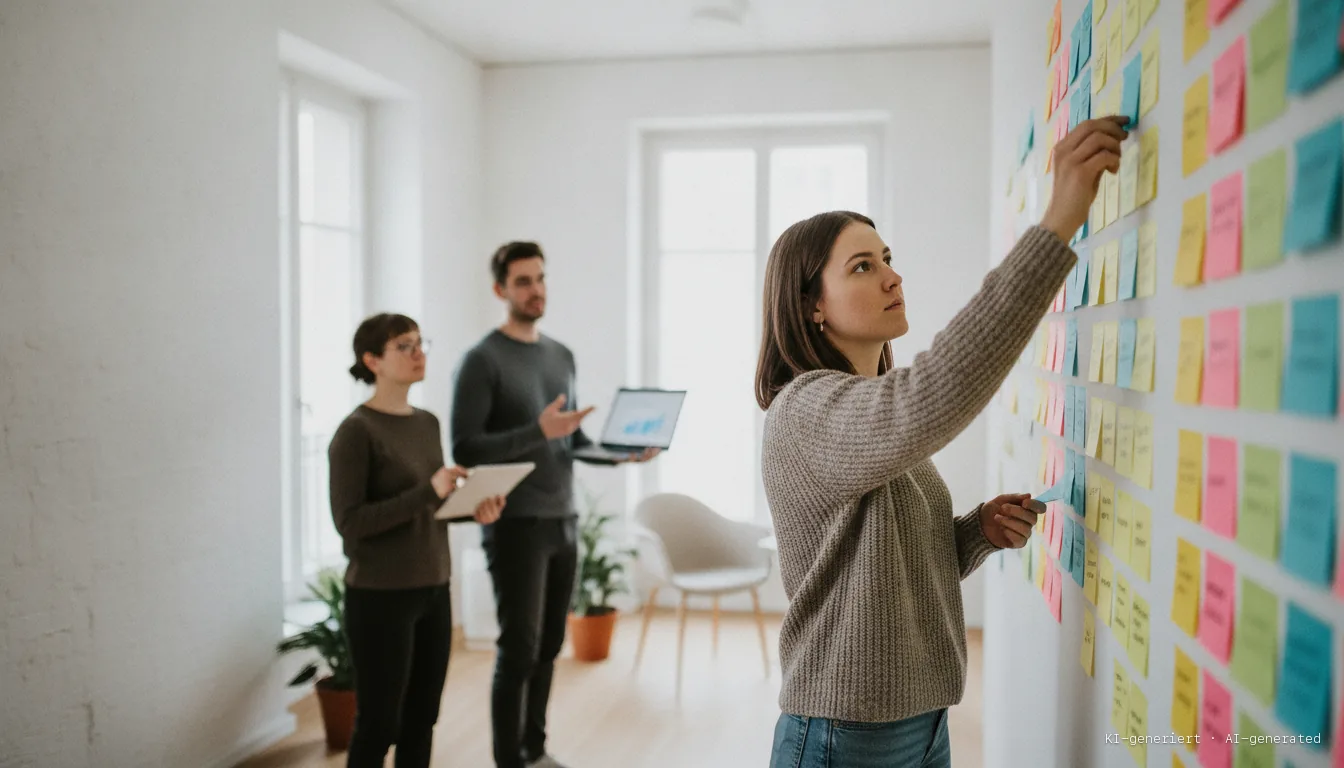 Marketing team arranging sticky notes into topics on a wall
