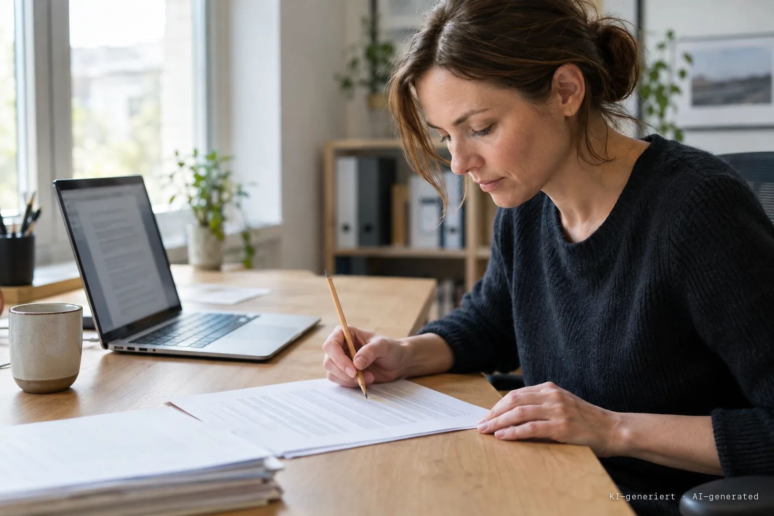 Redakteurin markiert mit Bleistift einen Satz in einem ausgedruckten Text, daneben der aufgeklappte Laptop