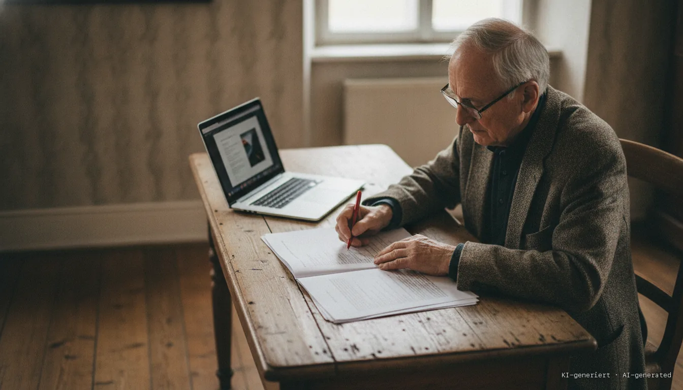 Editor marking up a printed manuscript next to a laptop