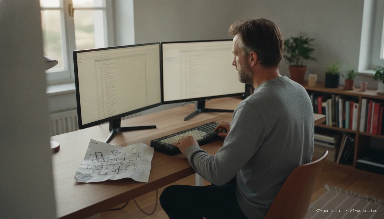 Web developer working on two monitors at home, a site map sketch beside him