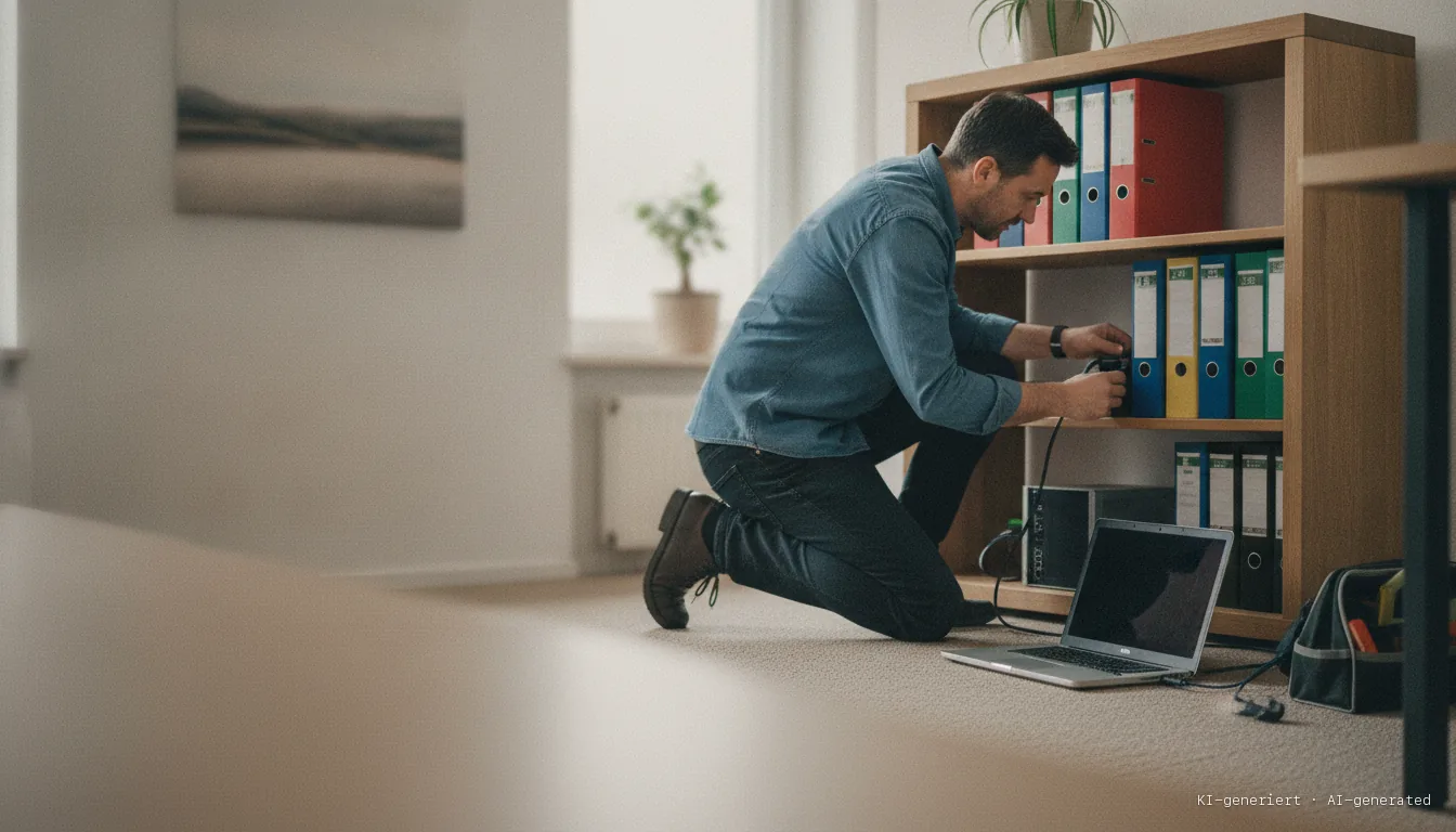 IT technician connecting a small server on an office shelf