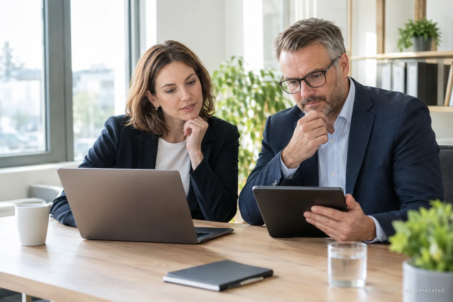 Marketingleiterin und Geschäftsführer eines mittelständischen Betriebs vergleichen am Besprechungstisch eine Trefferliste auf dem Laptop mit einer KI-Antwort auf dem Tablet