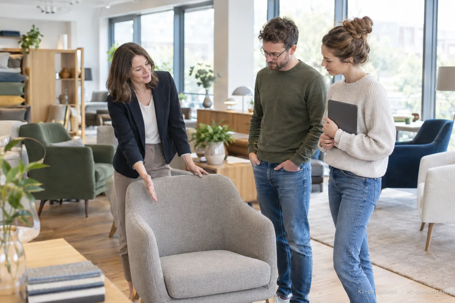 Inhaberin eines Onlineshops zeigt zwei Entwicklern im Showroom eines Möbelherstellers einen Sessel, alle drei stehen im Gespräch