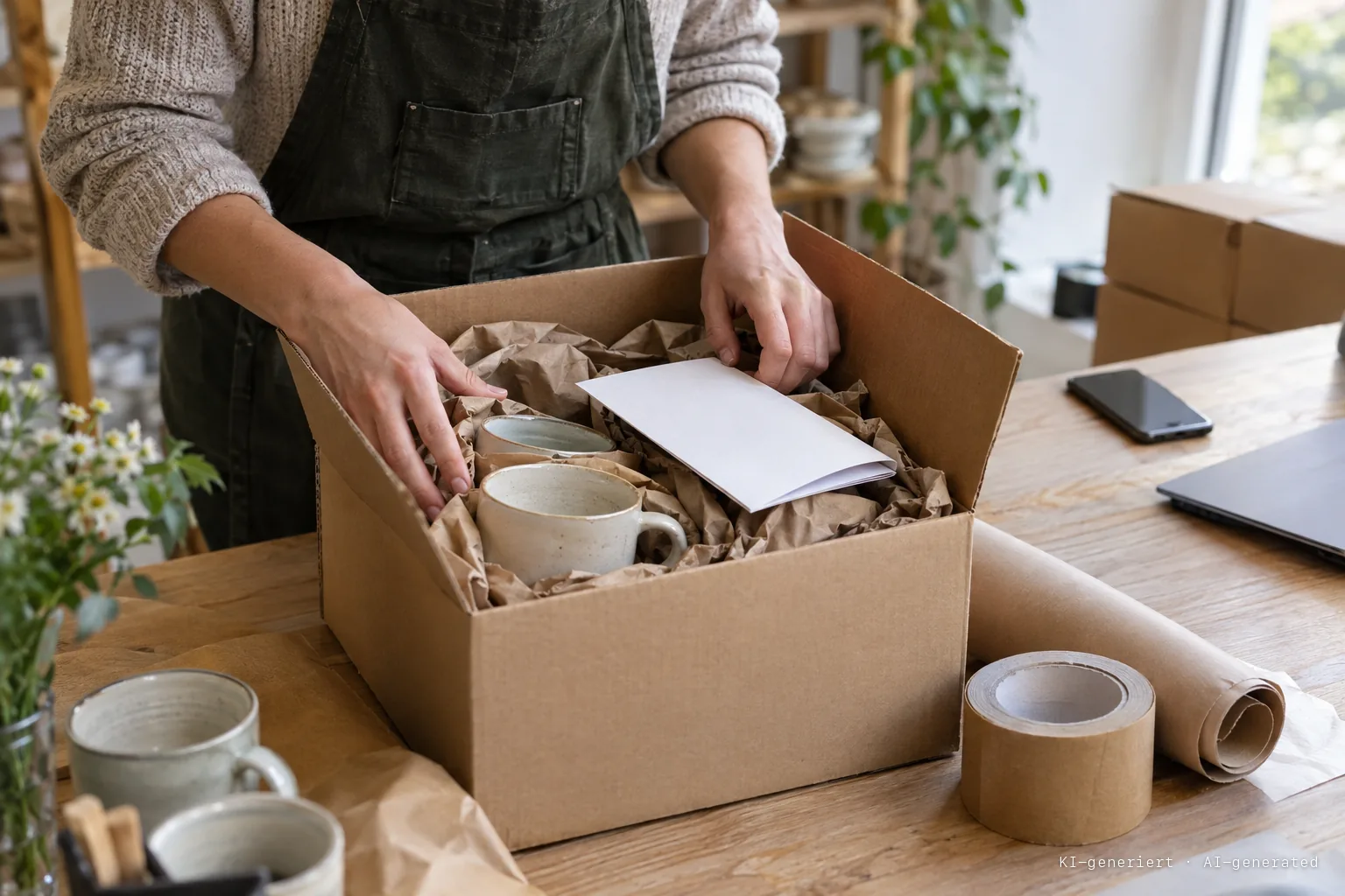 Hände verpacken an einem Packplatz Keramiktassen in Papier in einen Versandkarton, obenauf liegt ein gefalteter Lieferschein