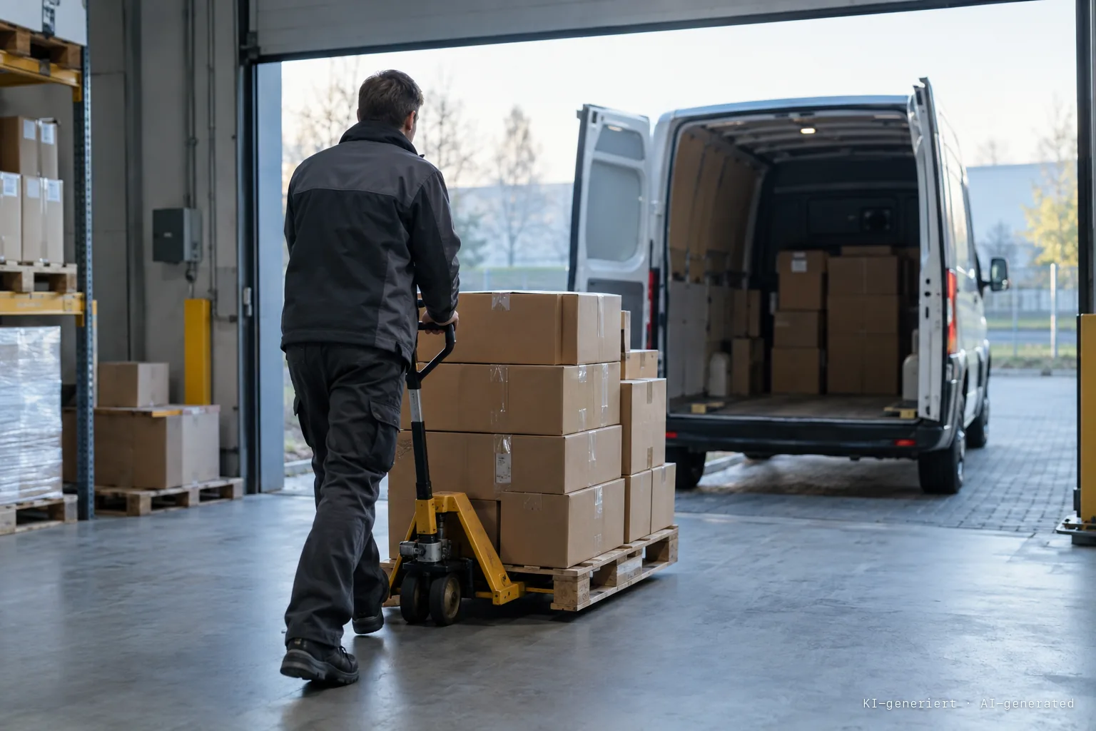 Mitarbeiter schiebt am frühen Morgen einen Hubwagen mit Paketen über die Laderampe eines Onlinehändlers zu einem Lieferwagen