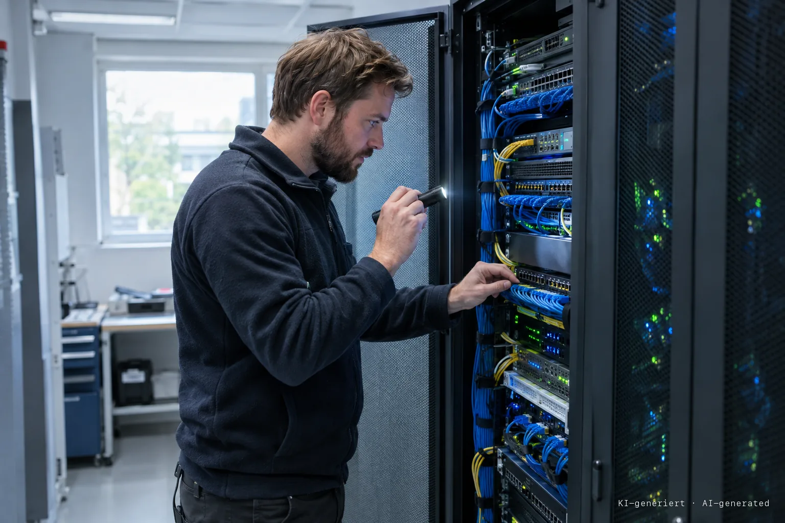 Administrator prüft im Serverraum eines mittelständischen Unternehmens mit einer Taschenlampe die Kabel an einem offenen Serverschrank