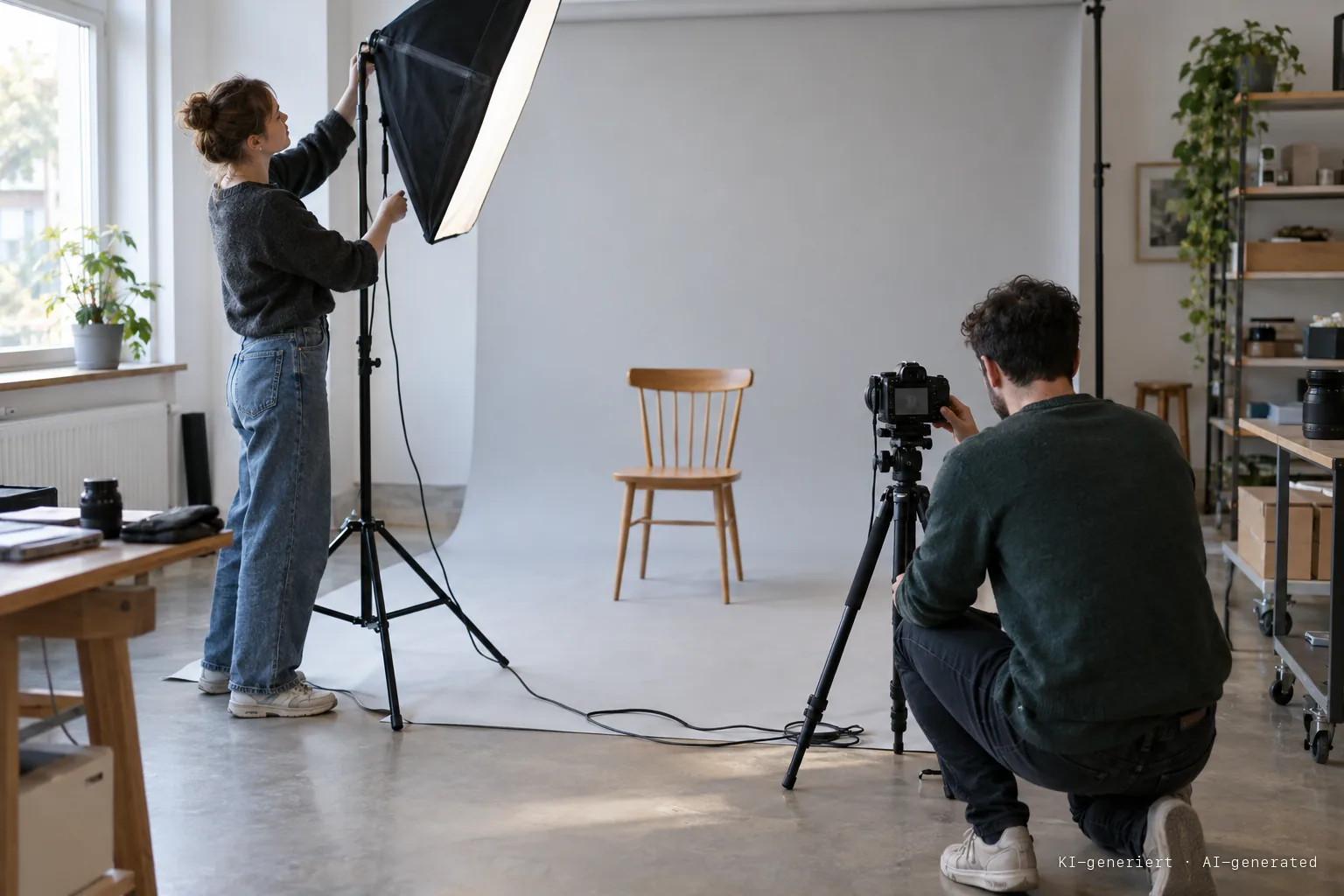 Fotografin richtet im Produktstudio eines Onlineshops eine Softbox aus, ein Entwickler kniet neben dem Stativ, im Hintergrund steht ein Holzstuhl vor grauem Hintergrund