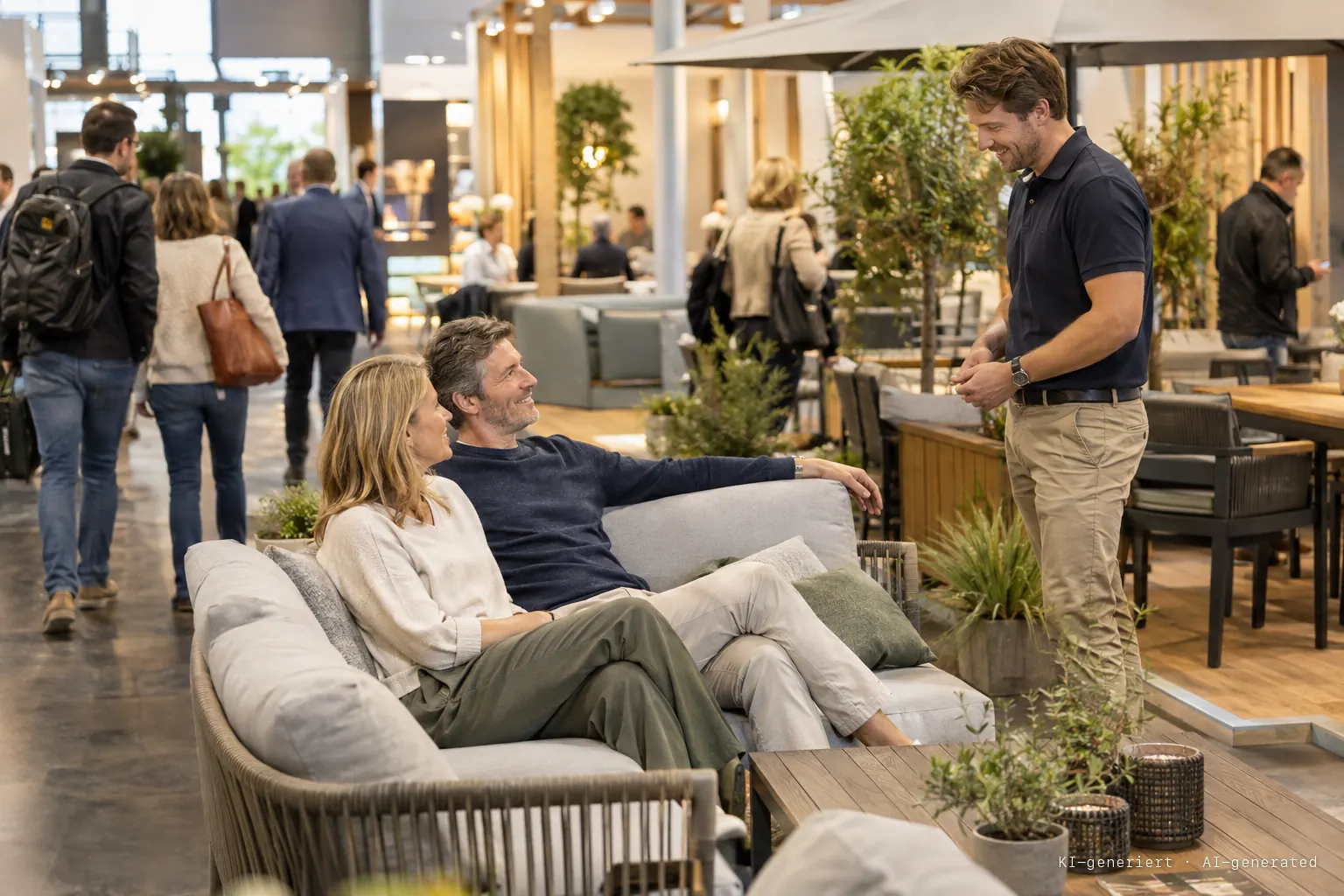 Besucher bleiben auf einer Messe am Stand eines Gartenmöbelherstellers stehen, ein Paar probiert ein Loungesofa aus