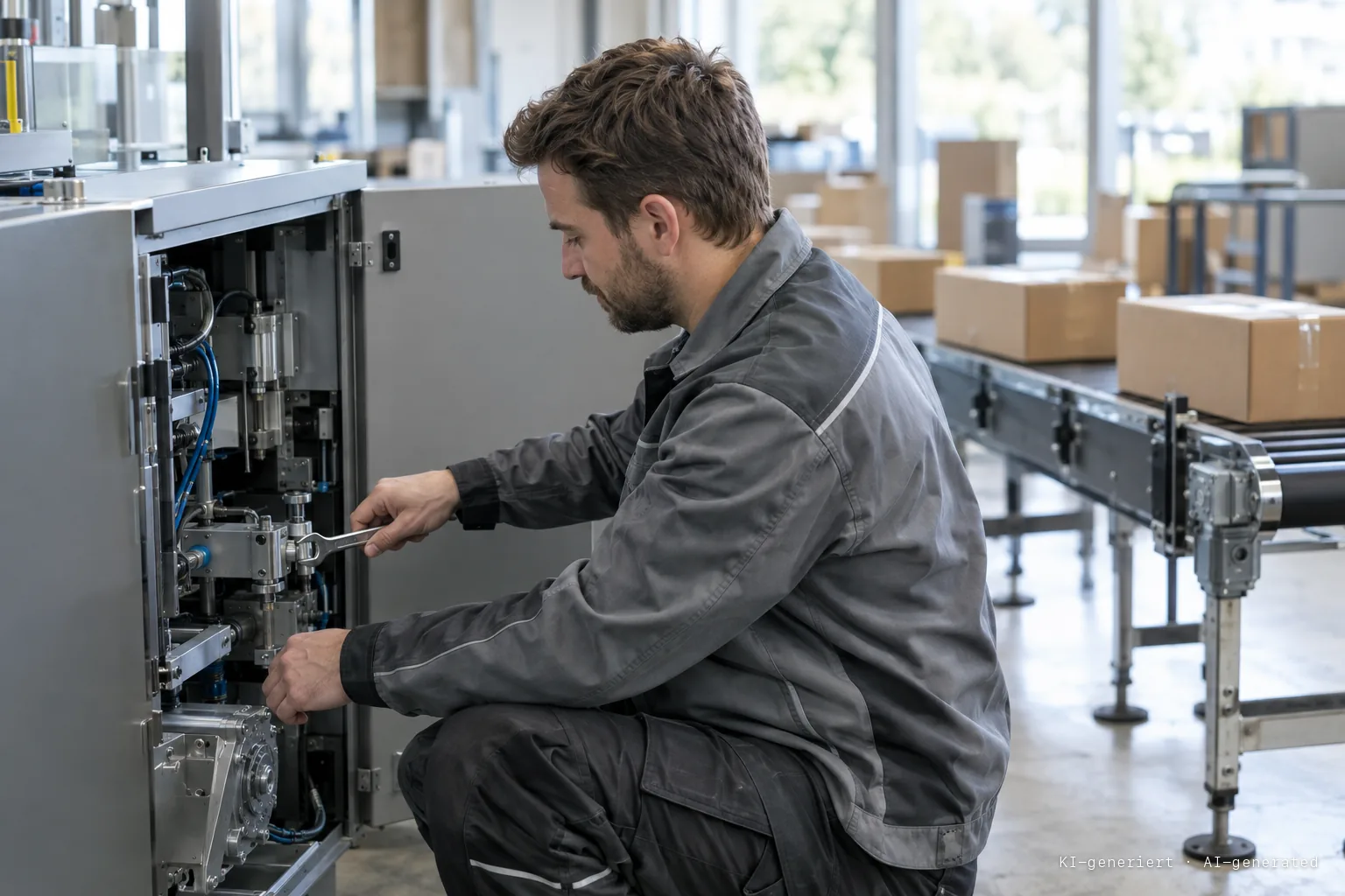 Techniker wartet im Versandbereich eines Onlinehändlers eine Verpackungsmaschine, das Förderband mit Kartons steht still