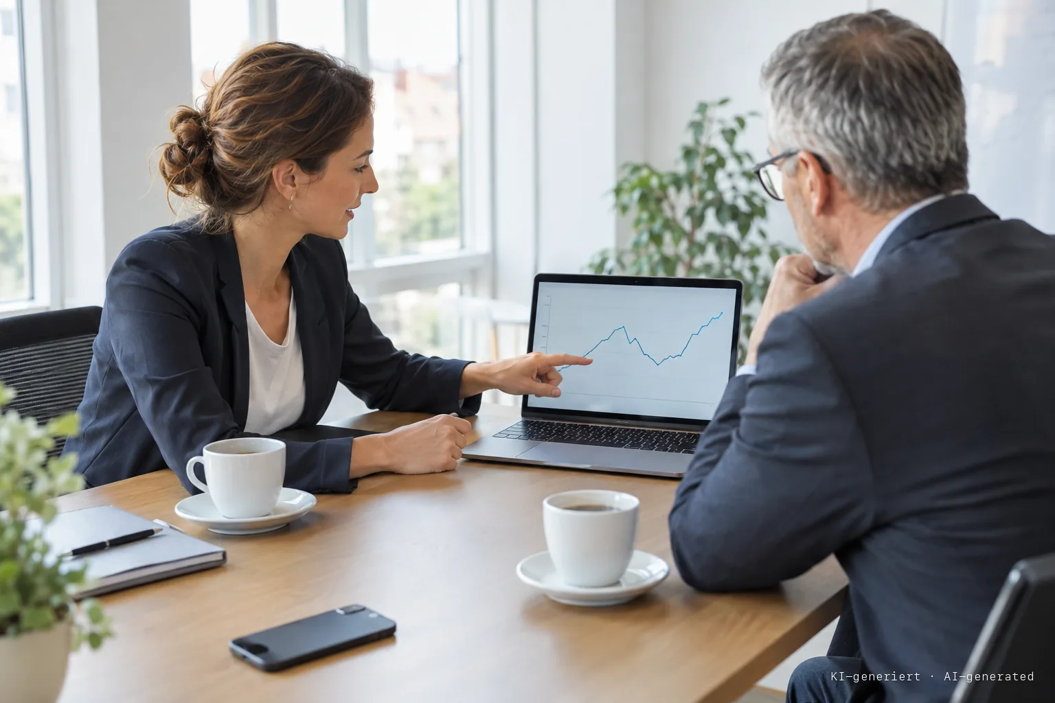 Marketingleiterin und Geschäftsführer eines mittelständischen Betriebs besprechen am Besprechungstisch einen Verlaufsgraphen auf dem Laptop