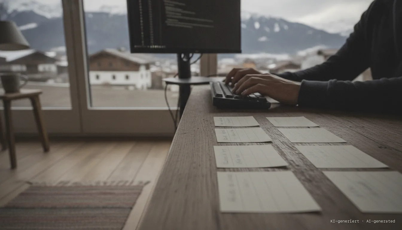 Developer's hands on a keyboard next to neatly arranged index cards