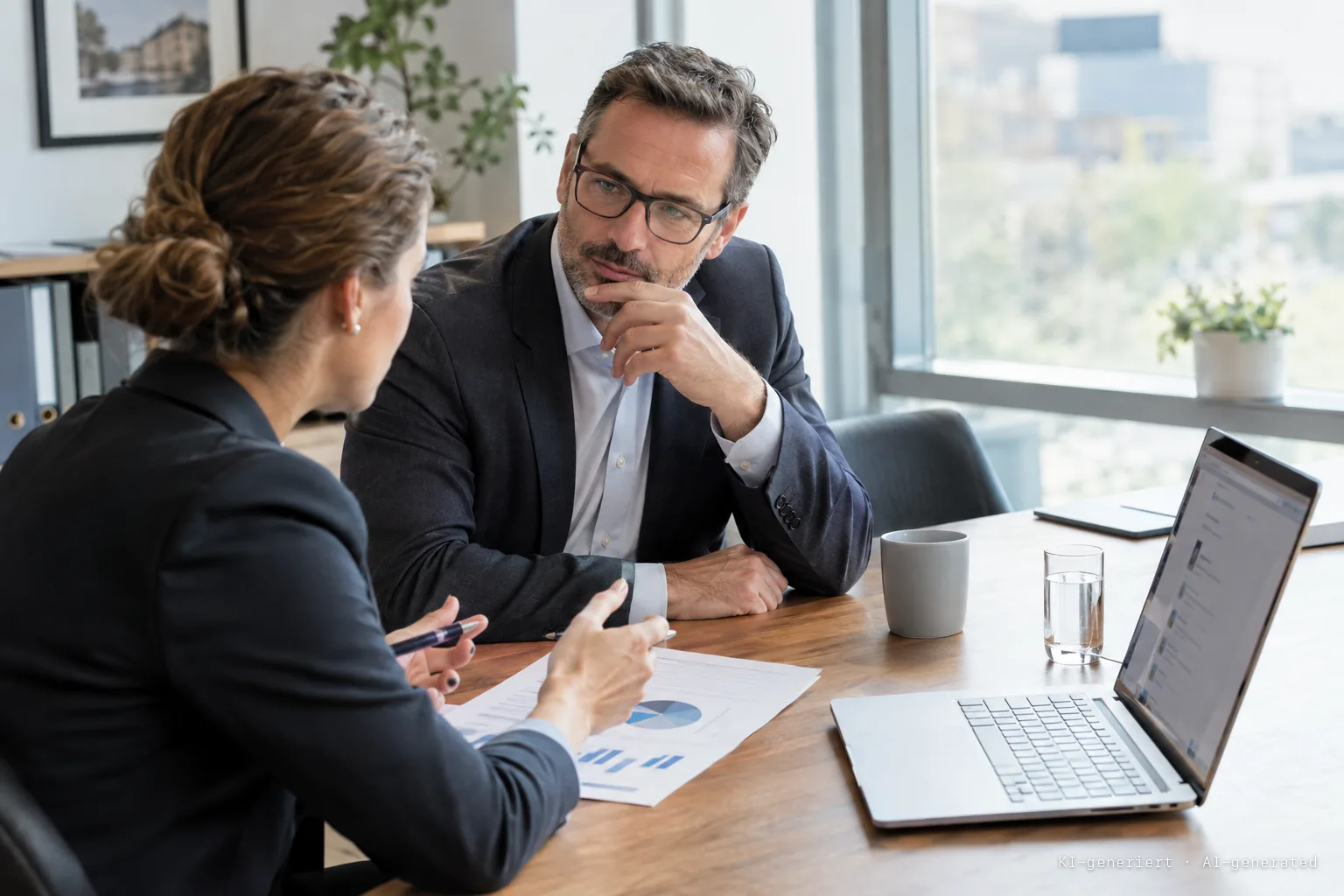 Marketing manager and managing director of a mid-sized company reviewing search results on a laptop and a printed report at a meeting table