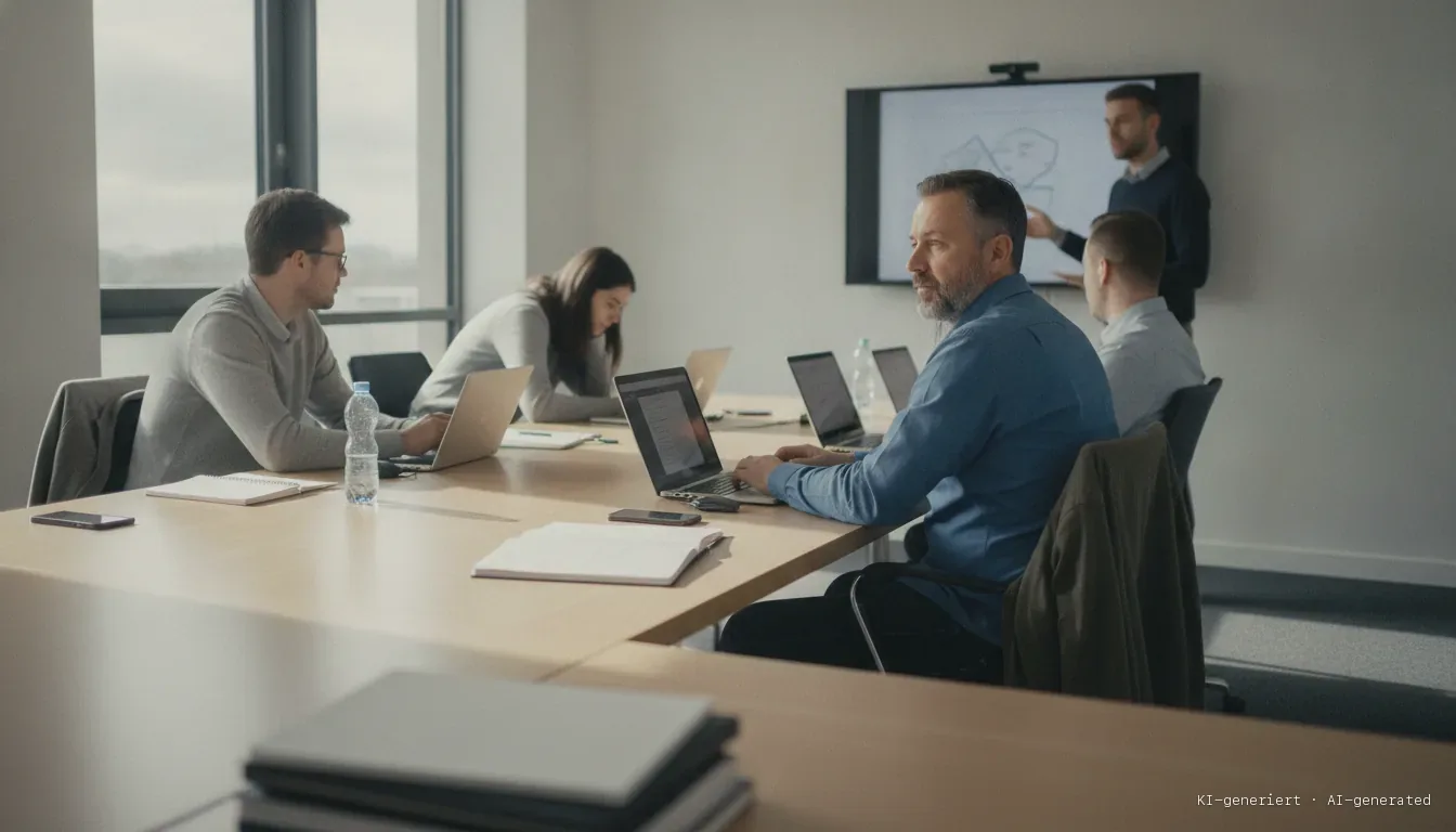 Training day in a meeting room, participants working on laptops while the trainer explains at a wall screen