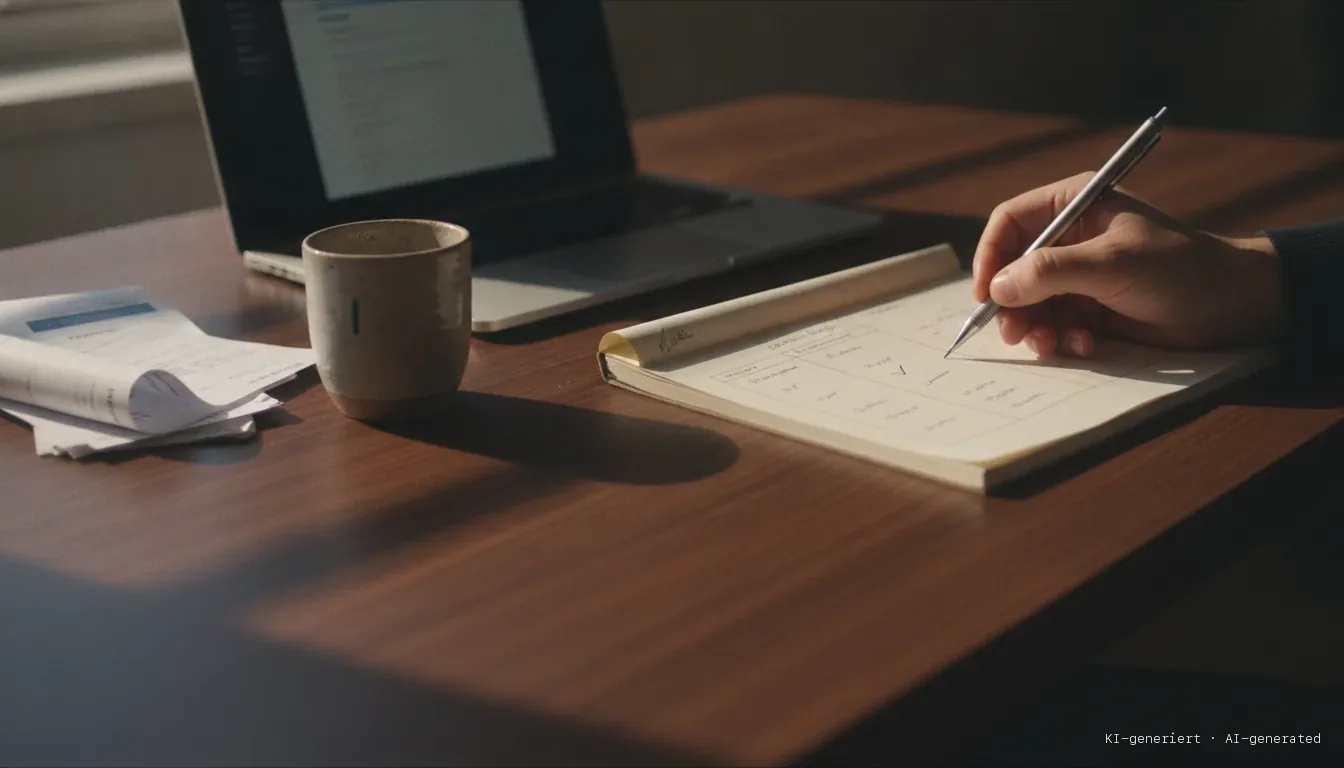Notebook with a handwritten comparison of a Store plugin and custom Shopware development
