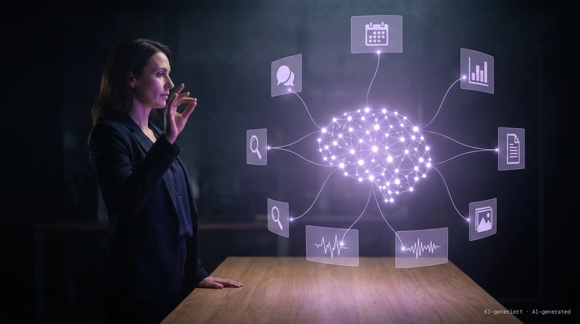 Business owner steering a holographic second brain that connects calendar, messages, reports, documents and voice recordings